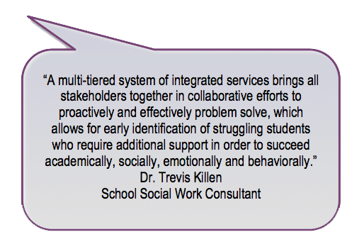A multi-tiered system of integrated services brings all stakeholders together in collaborative efforts to proactively and effectively problem solve, which
allows for early identification of struggling students who require additional support in order to succeed academically, socially, emotionally and behaviorally.
Dr. Trevis Killen
School Social Work Consultant