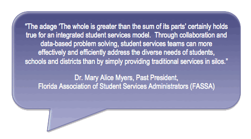 The adage 'The whole is greater than the sum of its parts' certainly holds true for an integrated student services model.  Through collaboration and data-based problem solving, student services teams can more  effectively and efficiently address the diverse needs of students,  schools and districts than by simply providing traditional services in silos. Dr. Mary Alice Myers, Past President,  
Florida Association of Student Services Administrators (FASSA)